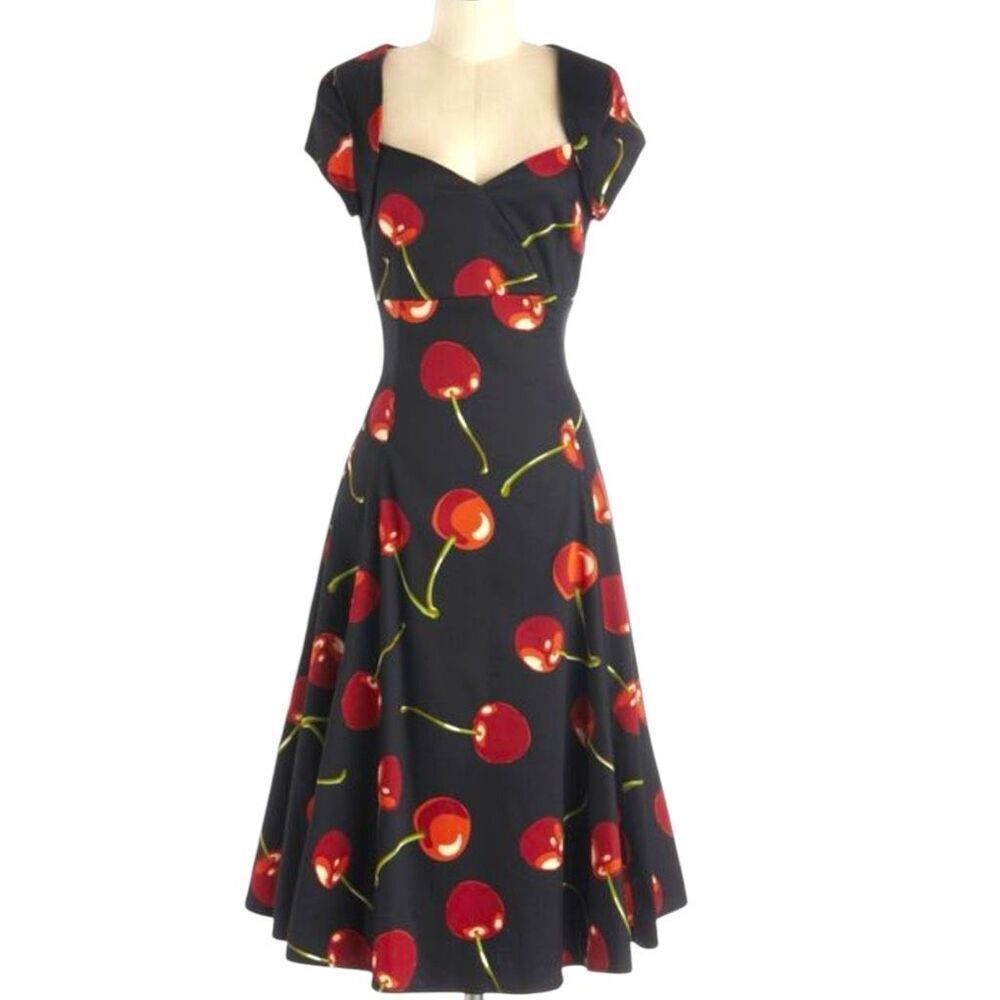 Collectif Dolores Doll Cherry‎ Pin Up 50’s Style Cap Sleeve Midi Dress Sz 4